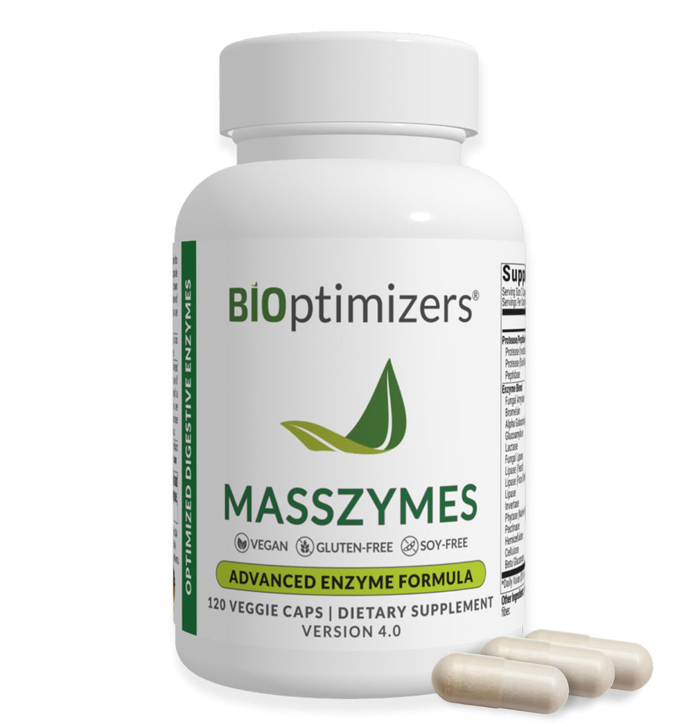 BIOptimizers MassZymes digestive enzymes bottle on white background