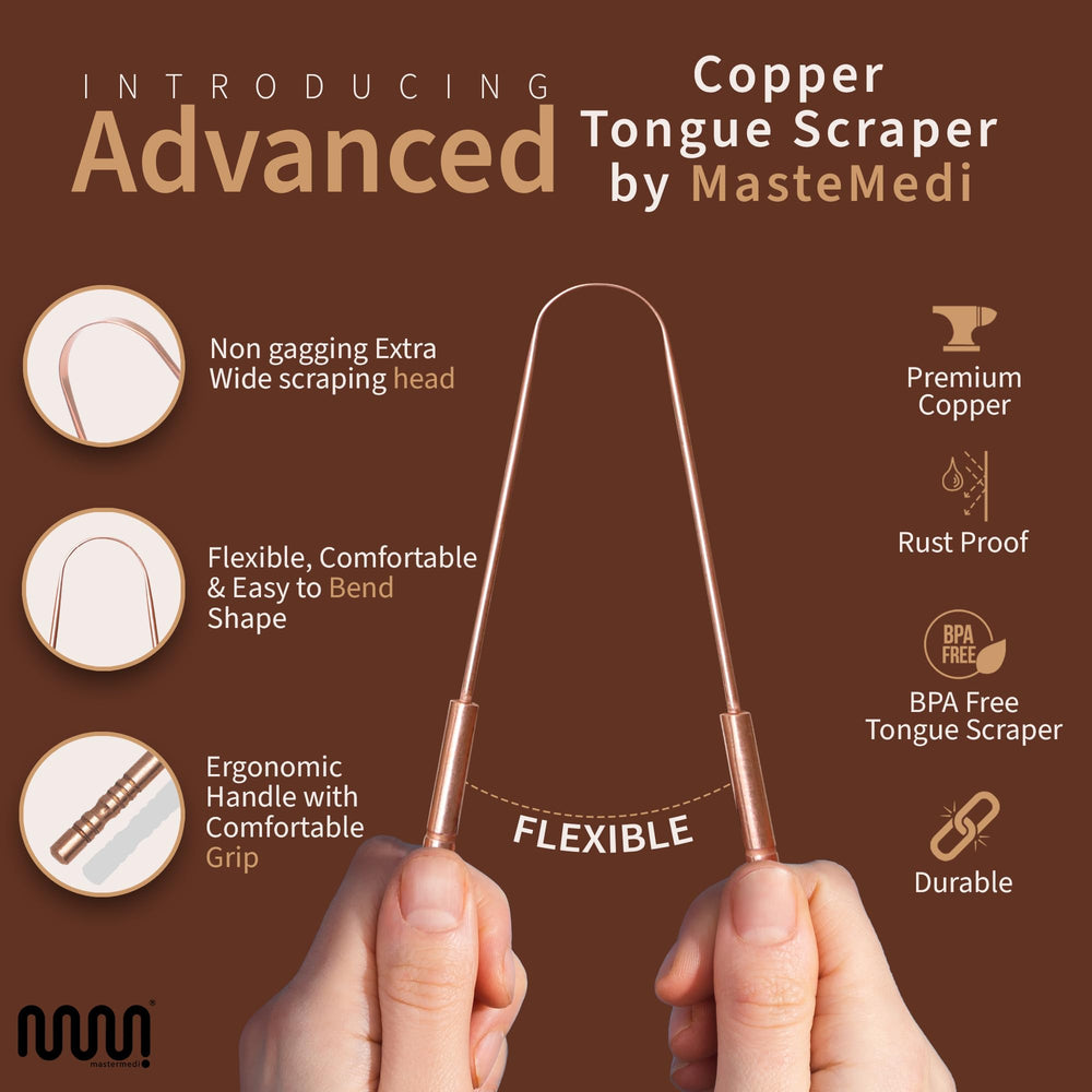 Dishwasher-safe copper tongue scraper close-up