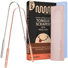 MasterMedi tongue scraper for adults with dual stainless steel and copper blades in hand