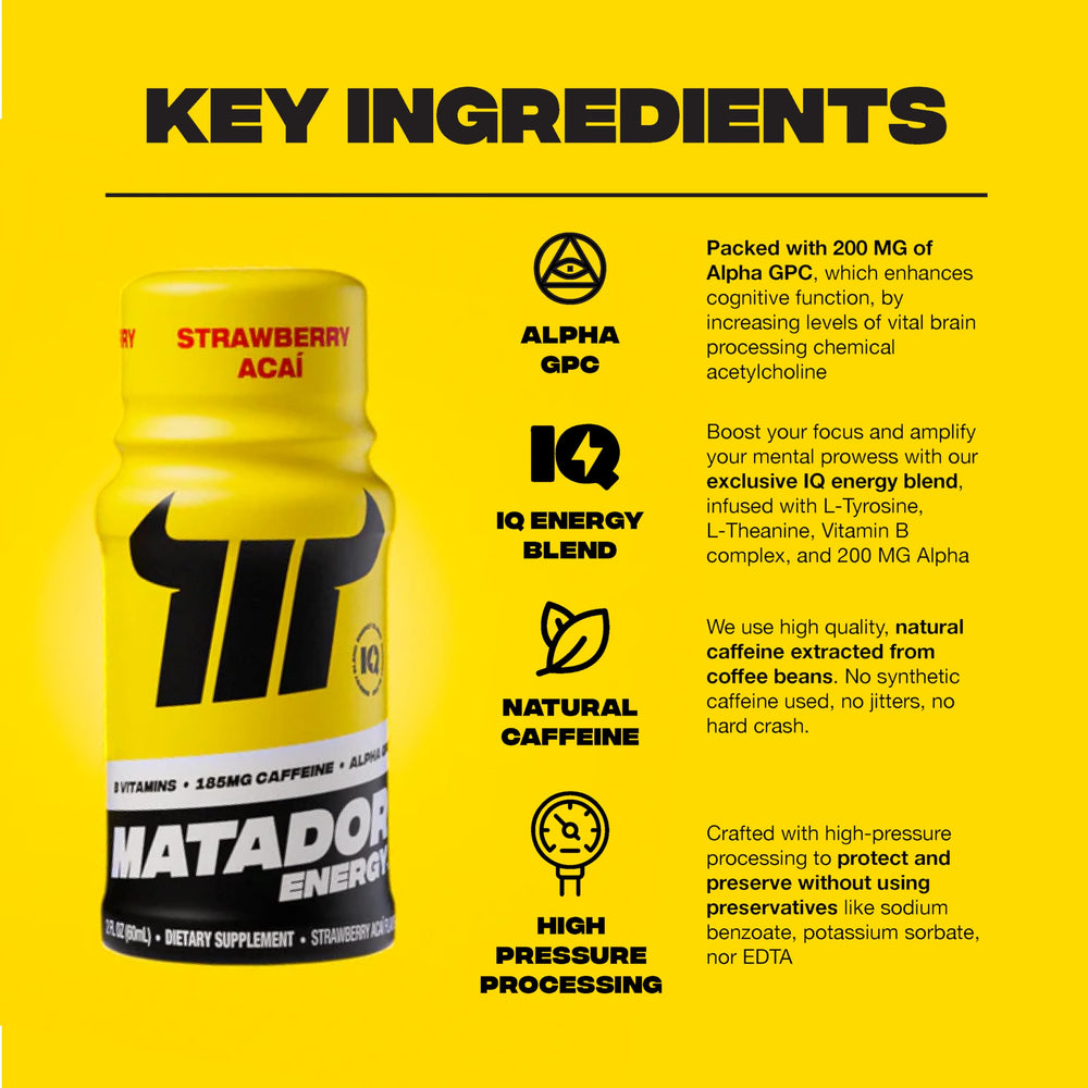 MATADOR energy shot pour into glass illustrating smooth caffeine boost