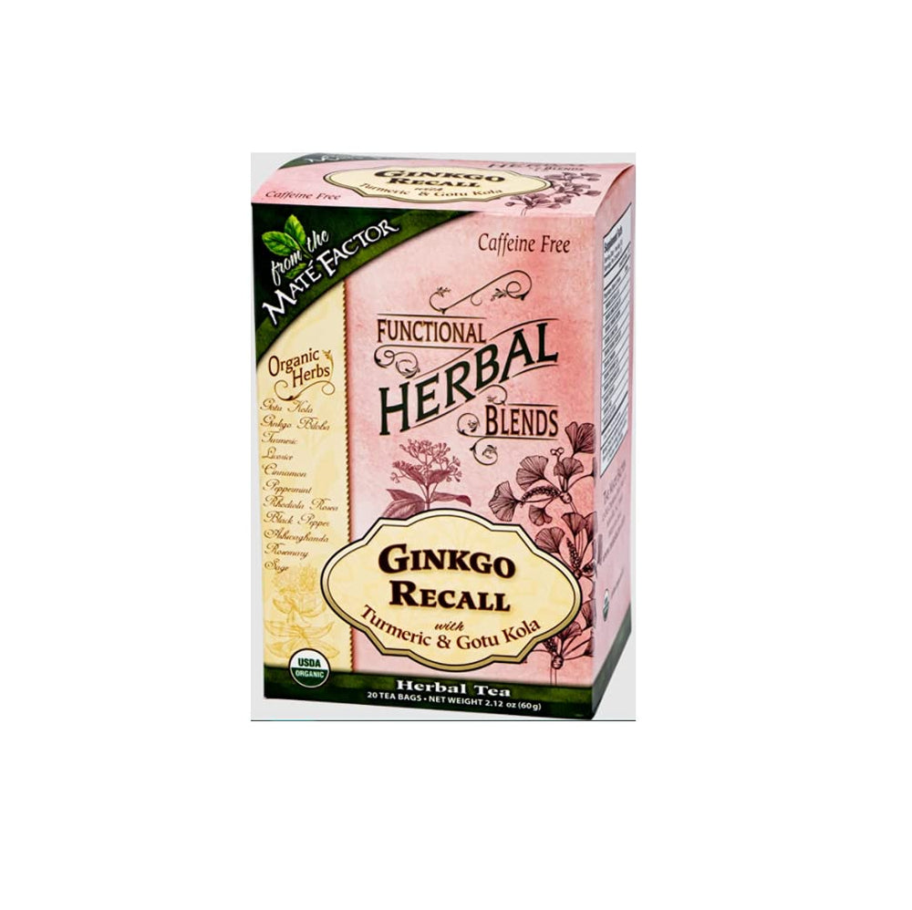 Box of Mate Factor Organic Ginkgo Recall Tea with Turmeric and Gotu Kola, 20 tea bags