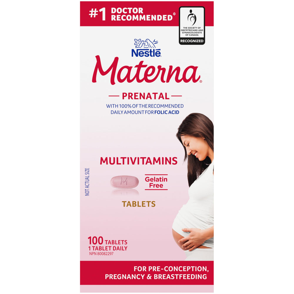 Materna Nestlé Prenatal bottle front showing a 100-tablet daily supply for nutrition