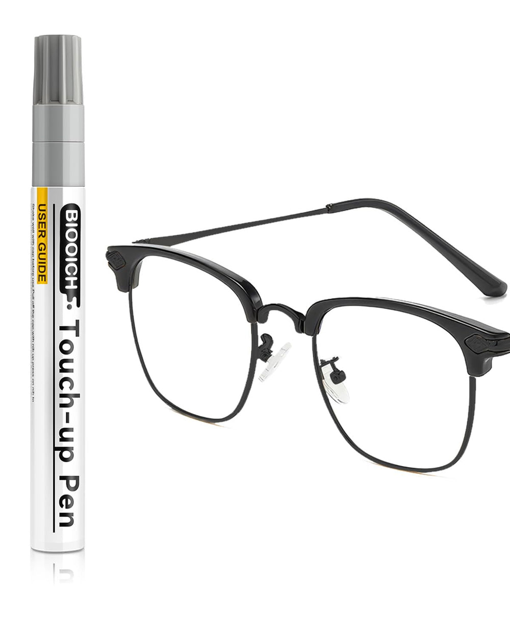 Close-up of matte black eyeglass frame touch up pen applying color