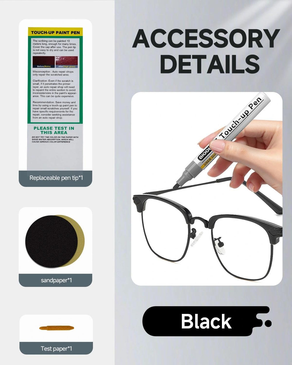 Finished matte black eyeglass frame after touch-up