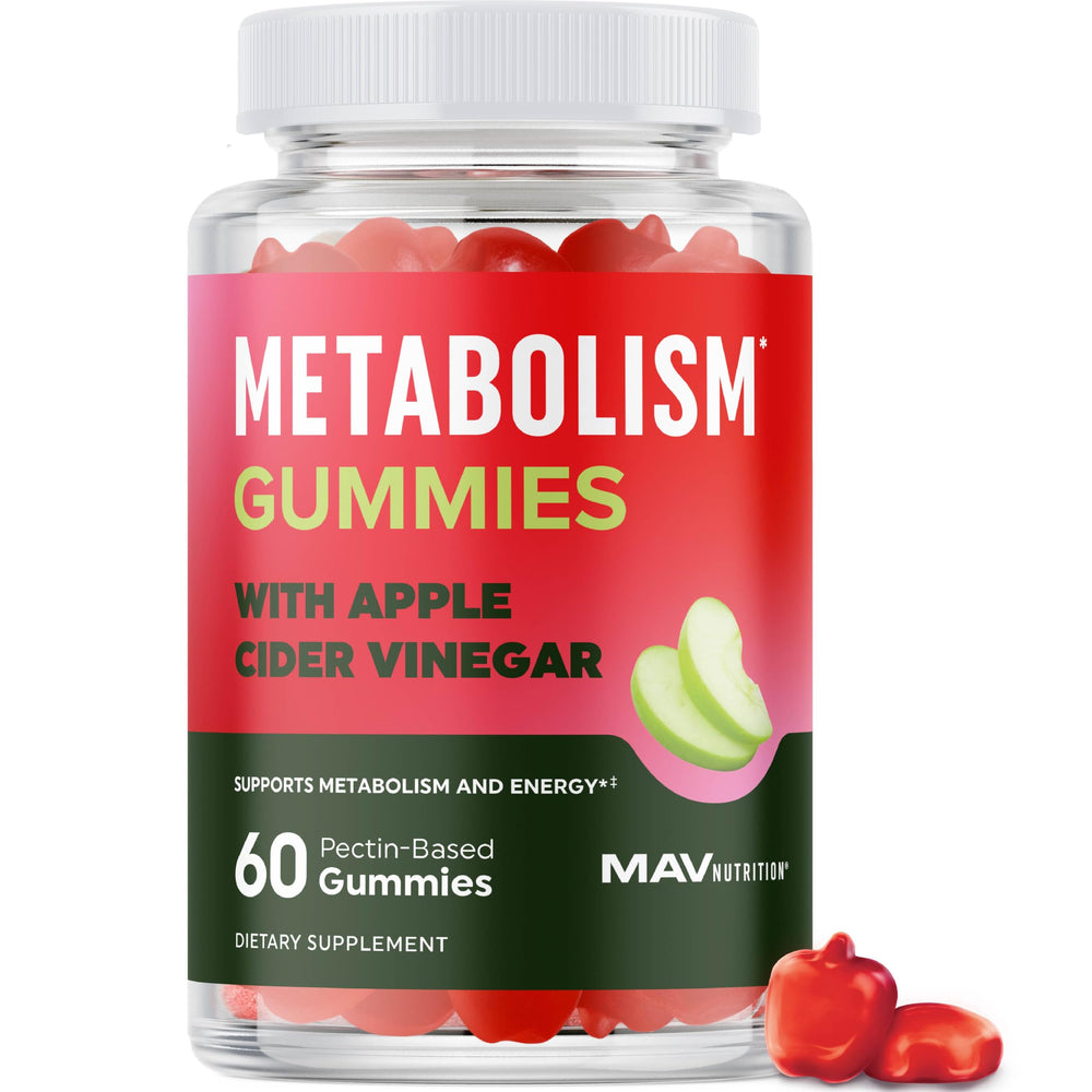MAV Nutrition Metabolism Gummies bottle highlights Apple Cider Vinegar benefits for digestion and energy