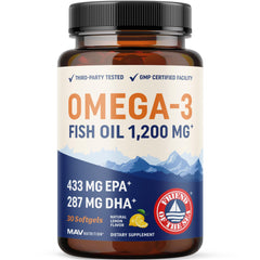 MAV Nutrition Triple Strength Omega-3 bottle front for eye, brain, immune support.