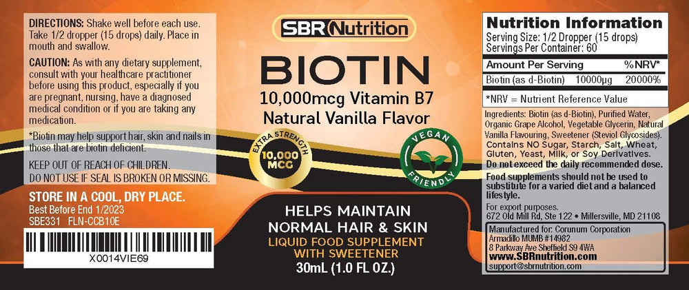 Product label for MAX Absorption Biotin Liquid Drops
