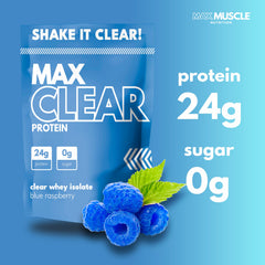 Glass of clear, juice-like Max Clear Protein shake (Blue Raspberry)