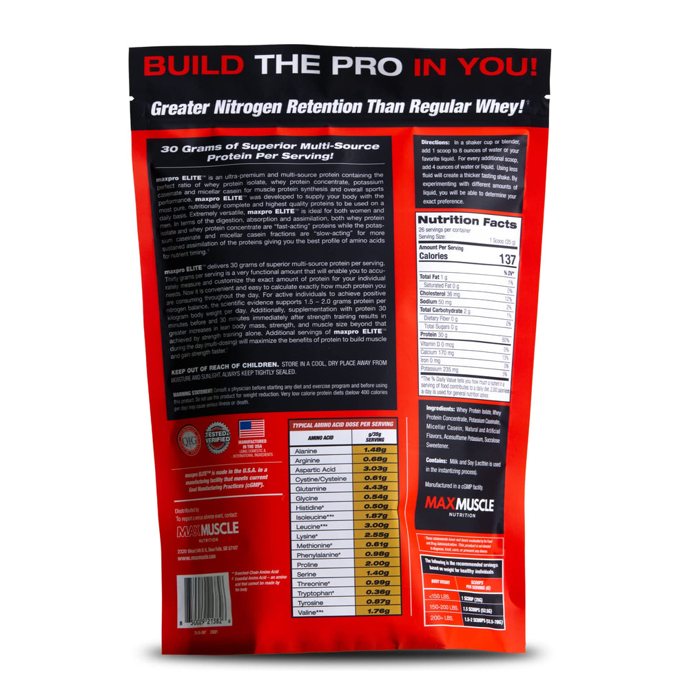 Close-up of Max Muscle Maxpro Elite nutrition label highlighting 30g protein per serving and 0g sugar.