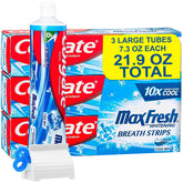 Front view of Max toothpaste three-pack with mini breath strips.