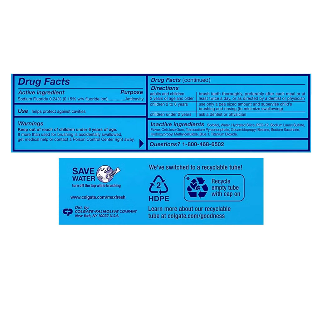 Sugar-free and gluten-free icons on Max toothpaste packaging.