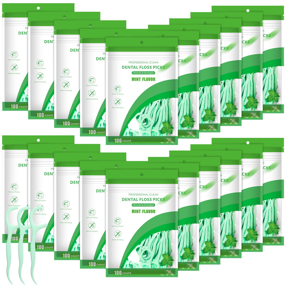 Maxcheck 2000-count floss picks green mint bulk on white background