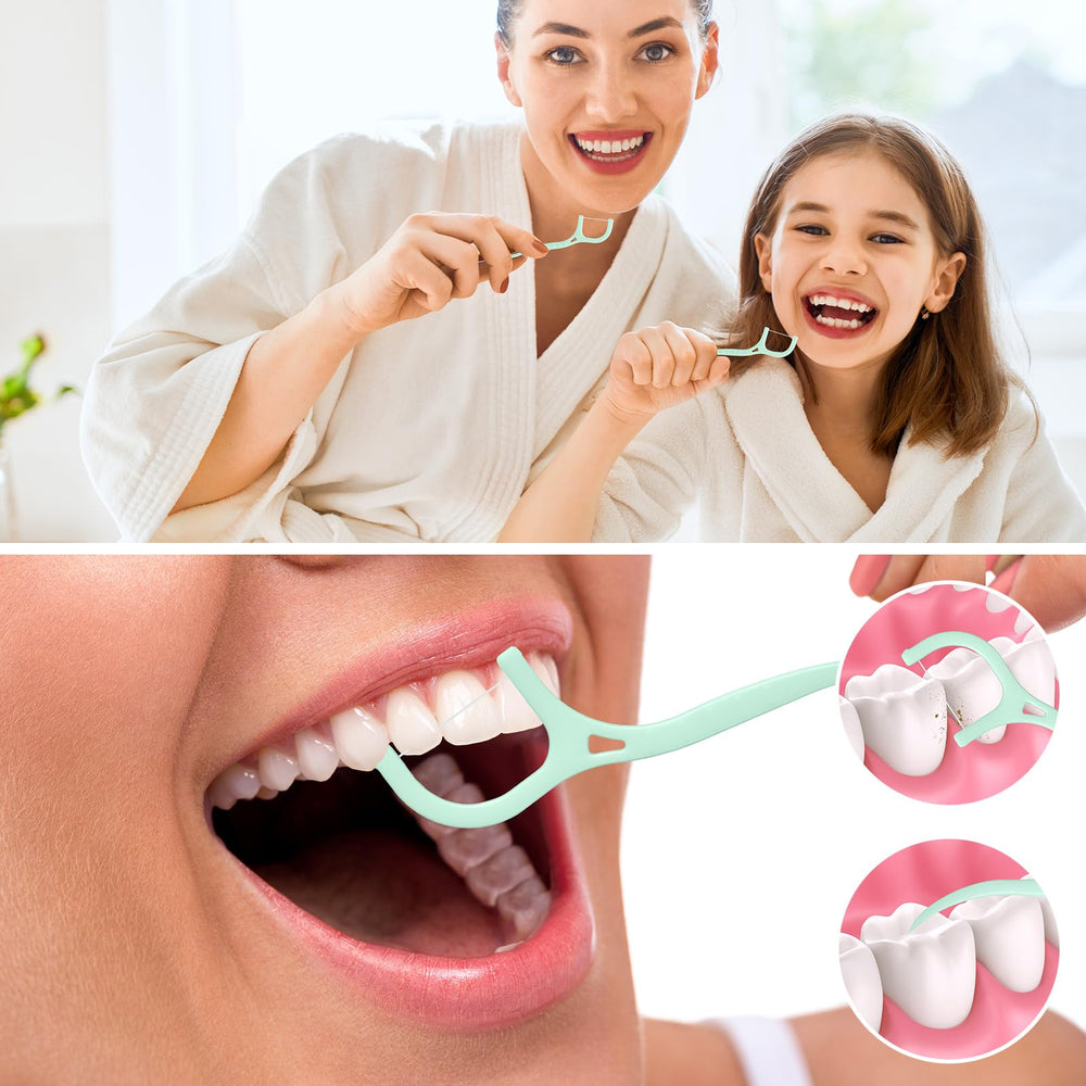 Green mint flavored floss picks for dental cleaning