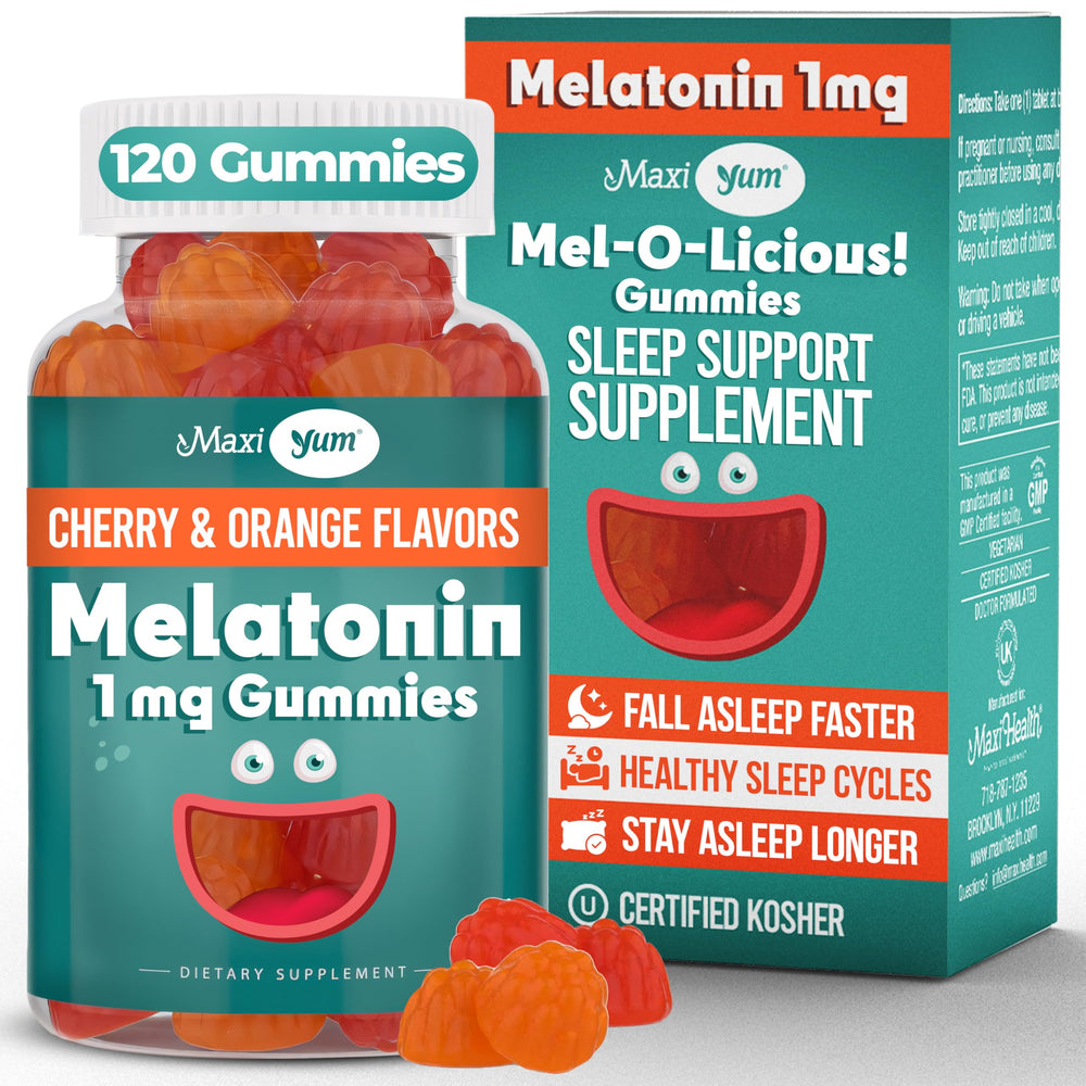 Maxi Health 1mg Melatonin Gummies front view, 120-count bottle