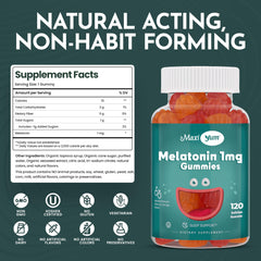 Pack shot of Maxi Health 1mg Melatonin Gummies 120-count