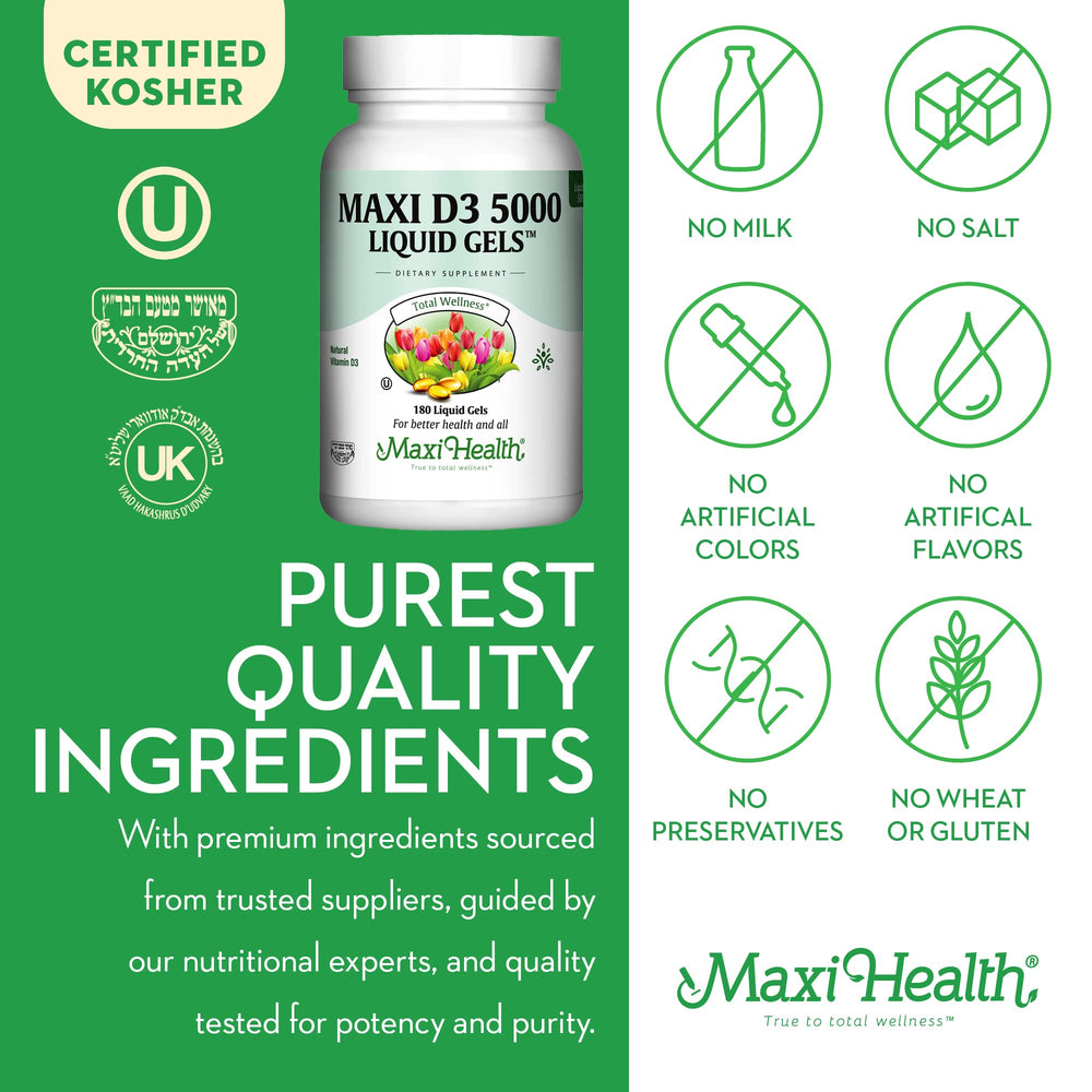 Close-up of Maxi Health D3 5000 IU 180 capsules