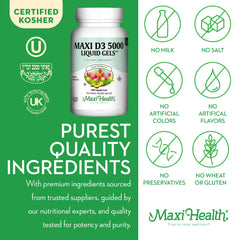 Close-up of Maxi Health D3 5000 IU 180 capsules