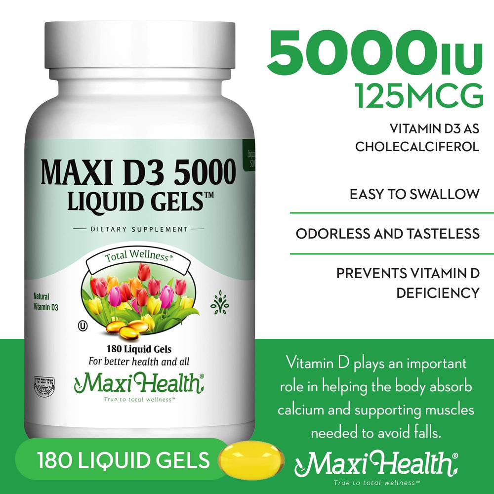 Maxi Health D3 5000 IU bottle with 180 softgels