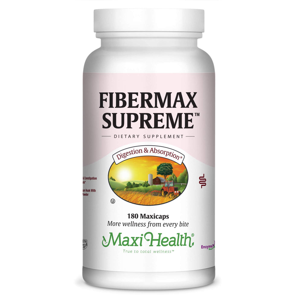 Maxi Health frasco frontal de Fibermax Supreme mostrando etiqueta clara y beneficios