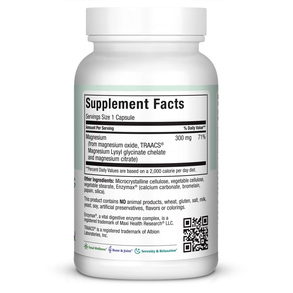 Label showing product name and details for Maxi Health Magnesium Capsules