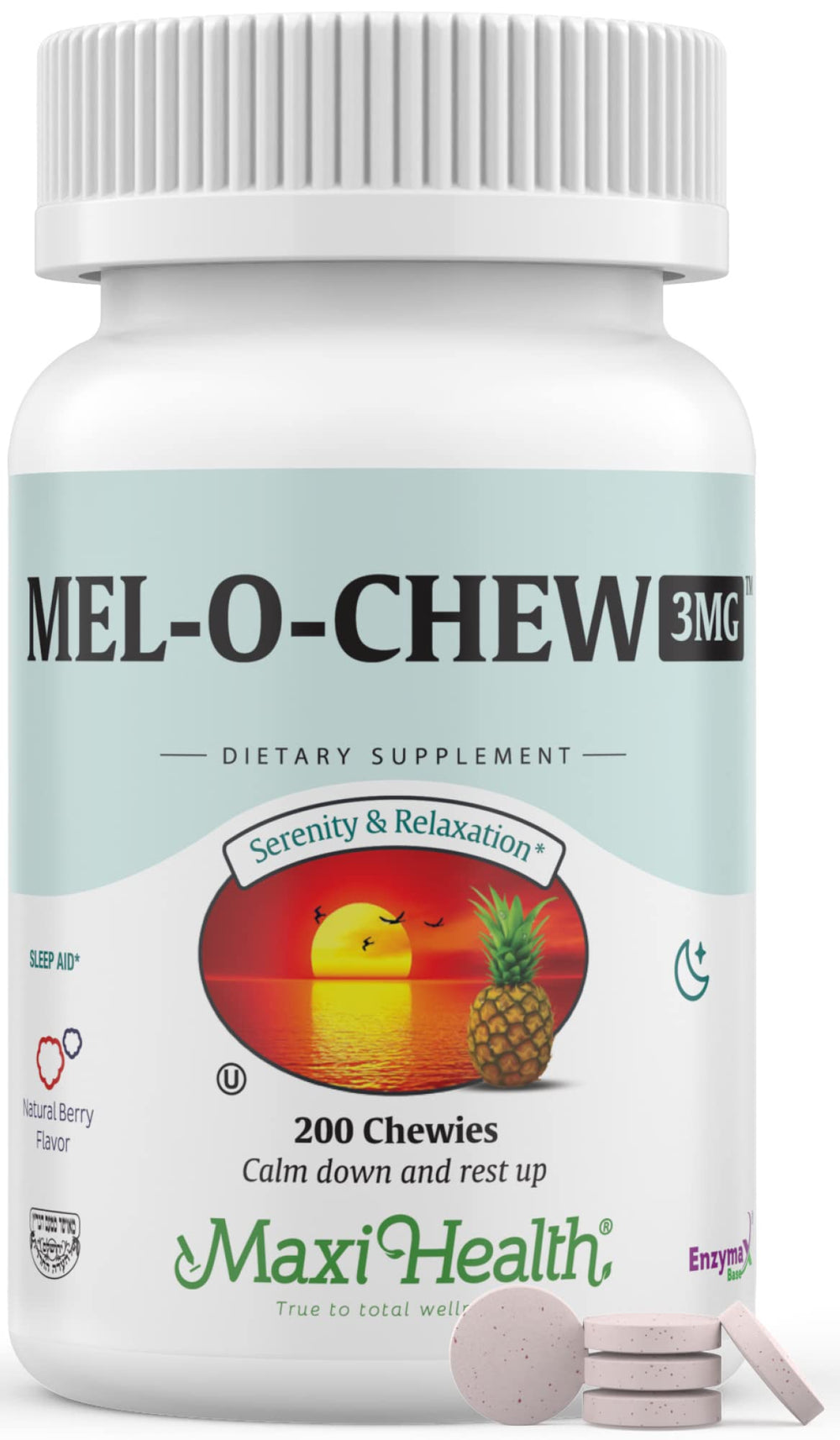 200-count bottle of Maxi Health Mel-O-Chew melatonin tablets