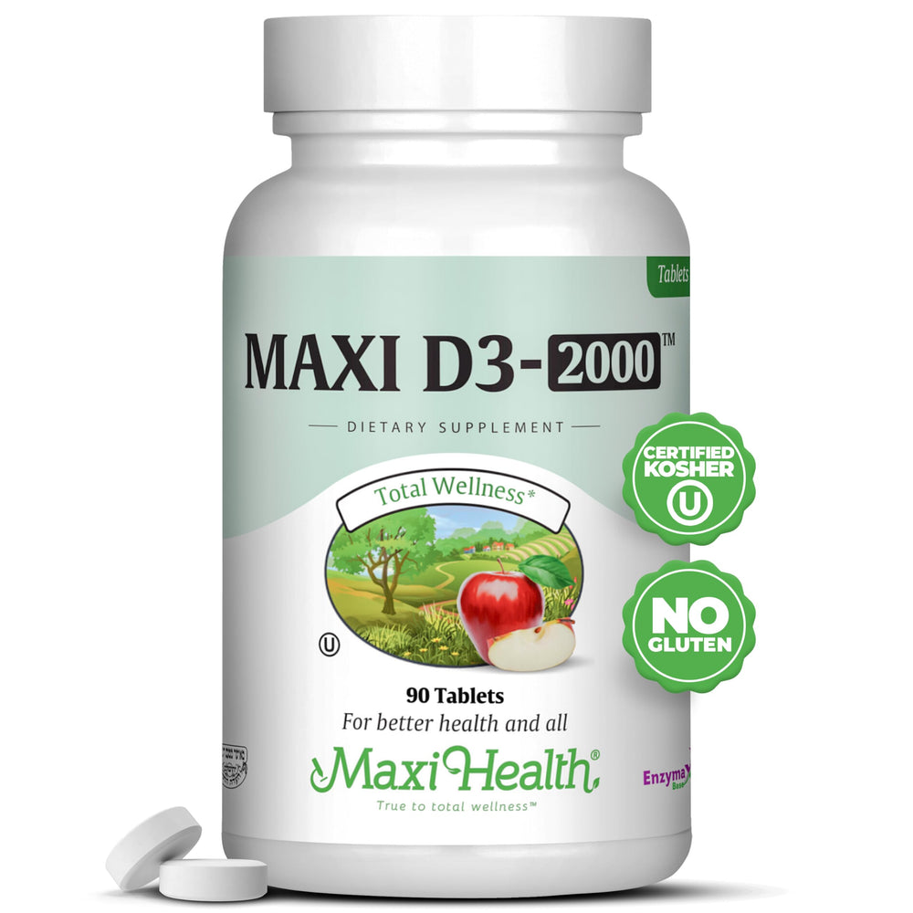Front view of Maxi-Health Vitamin D3 2000 IU bottle