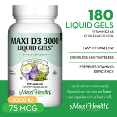 Close-up of Maxi Health Vitamin D3 3000IU bottle label
