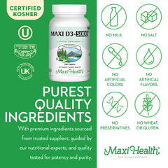 Kosher certification mark on Maxi Health Vitamin D3 bottle