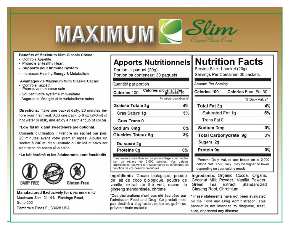 USA-made Maximum Slim premium cocoa packaging