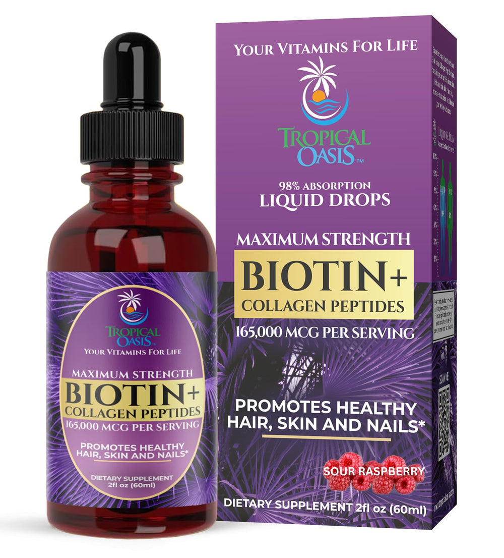 Tropical Oasis Biotin + Collagen Liquid Drops bottle and dropper showing 165,000 mcg biotin per serving