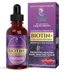 Tropical Oasis Biotin + Collagen Liquid Drops bottle and dropper showing 165,000 mcg biotin per serving