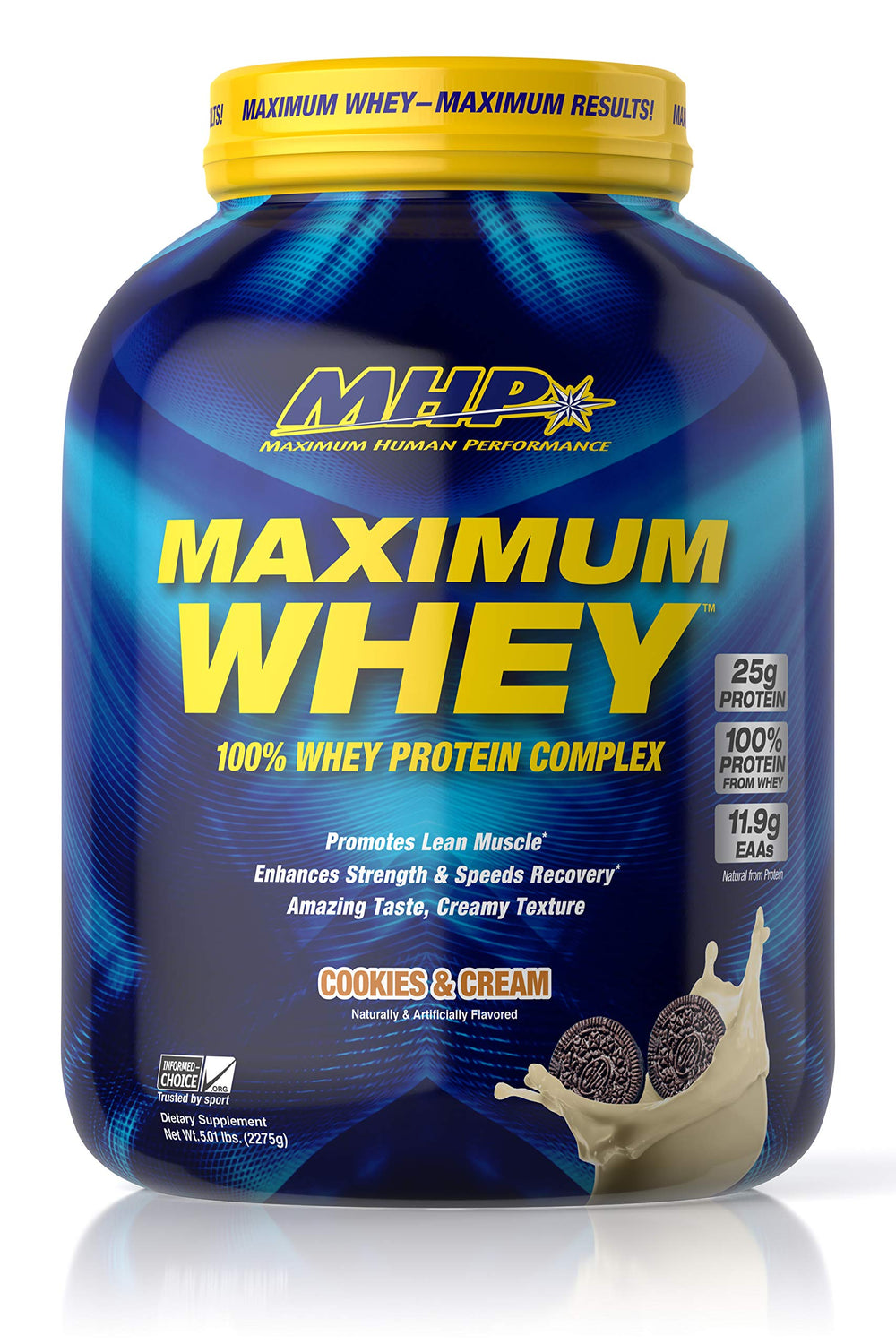 Maximum Whey Cookies and Cream bottle, creamy texture for post-workout recovery.