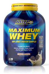 Maximum Whey Cookies and Cream bottle, creamy texture for post-workout recovery.