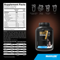 Maxler Golden 7 scoop illustrates a 46g serving for balanced protein intake.