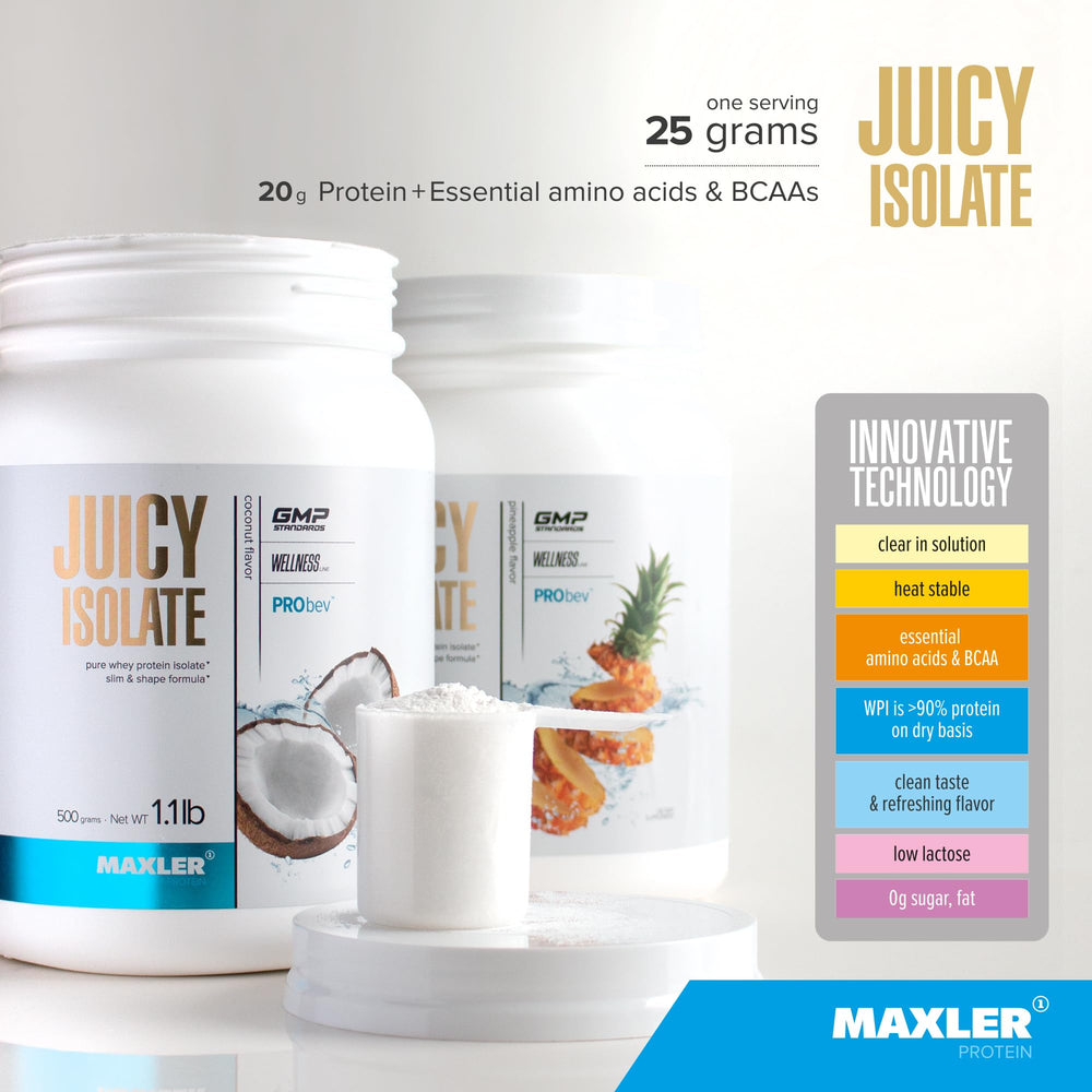 Maxler Juicy Isolate clear whey shake for clean taste.