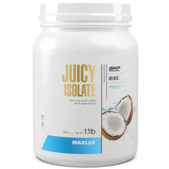 Maxler Juicy Isolate coconut tub highlights high-protein content.