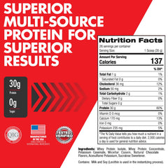 Premium multi-source protein blend of whey isolate, whey concentrate, and casein
