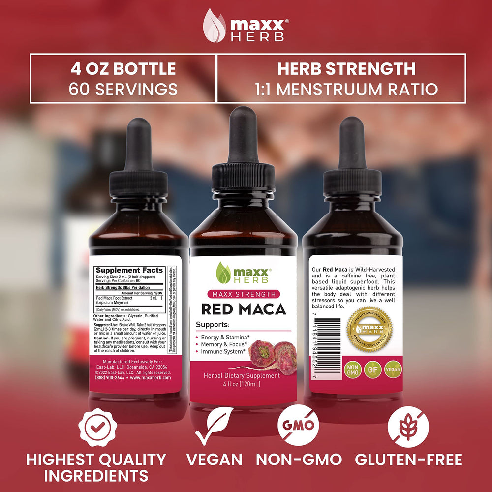 Made in USA label on Maxx Herb Red Maca bottle
