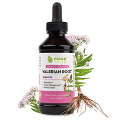 Front view of Maxx Herb Valerian Liquid 4 oz bottle
