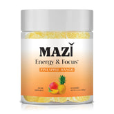 MAZI Energy & Focus gummies packaging show portable energy for busy mornings.