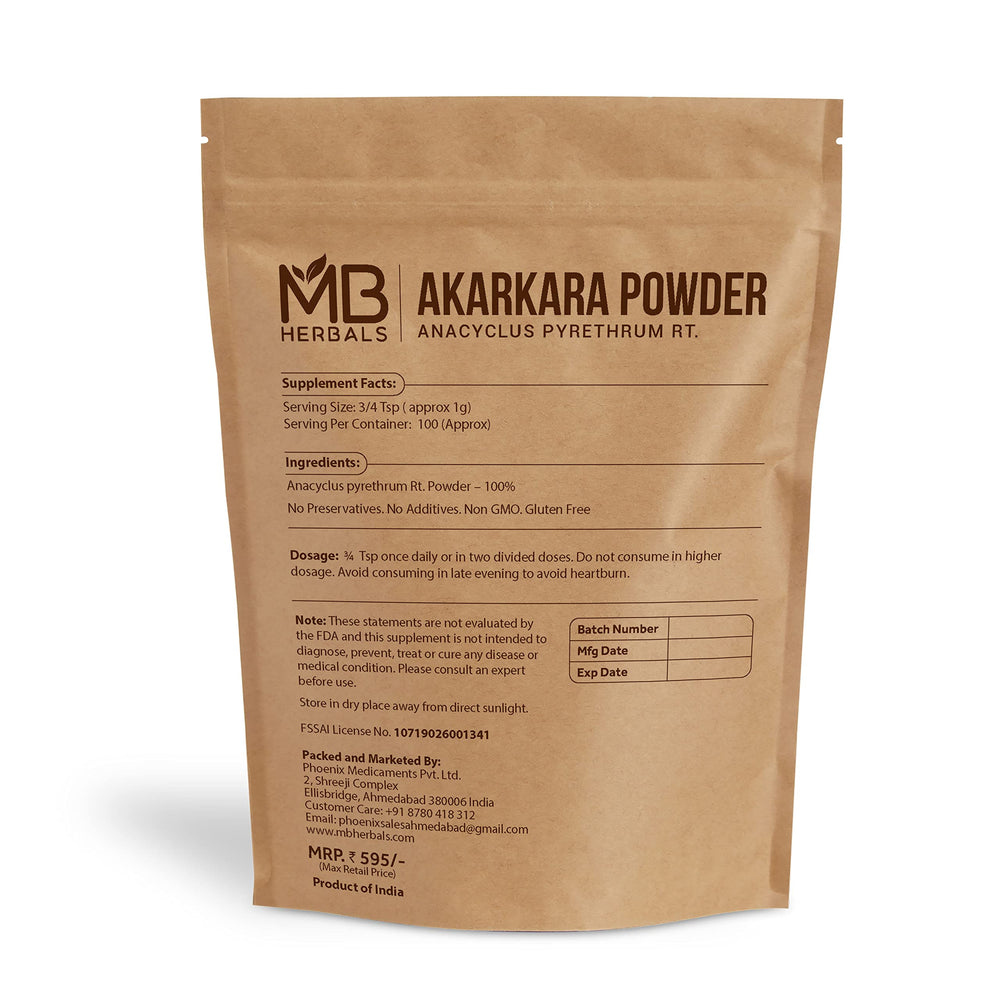 MB Herbals Akarkara Powder 100g – Anacyclus pyrethrum root powder, back/label view