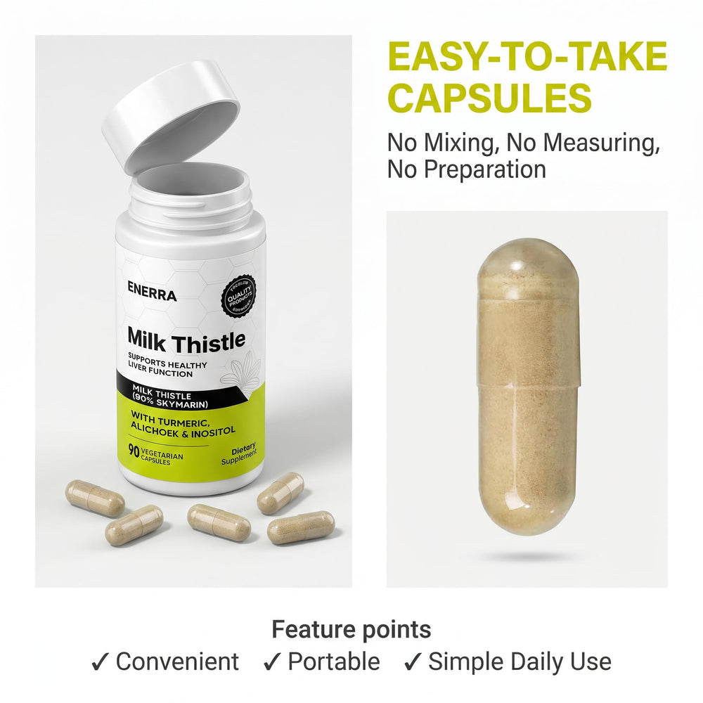 MCArthur Enerra bottle styled with milk thistle and turmeric, visualizing botanical ingredient sources