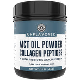 Front view of MCT Oil Powder + Keto Collagen Peptides + Acacia Fibre 16oz Unflavored bottle