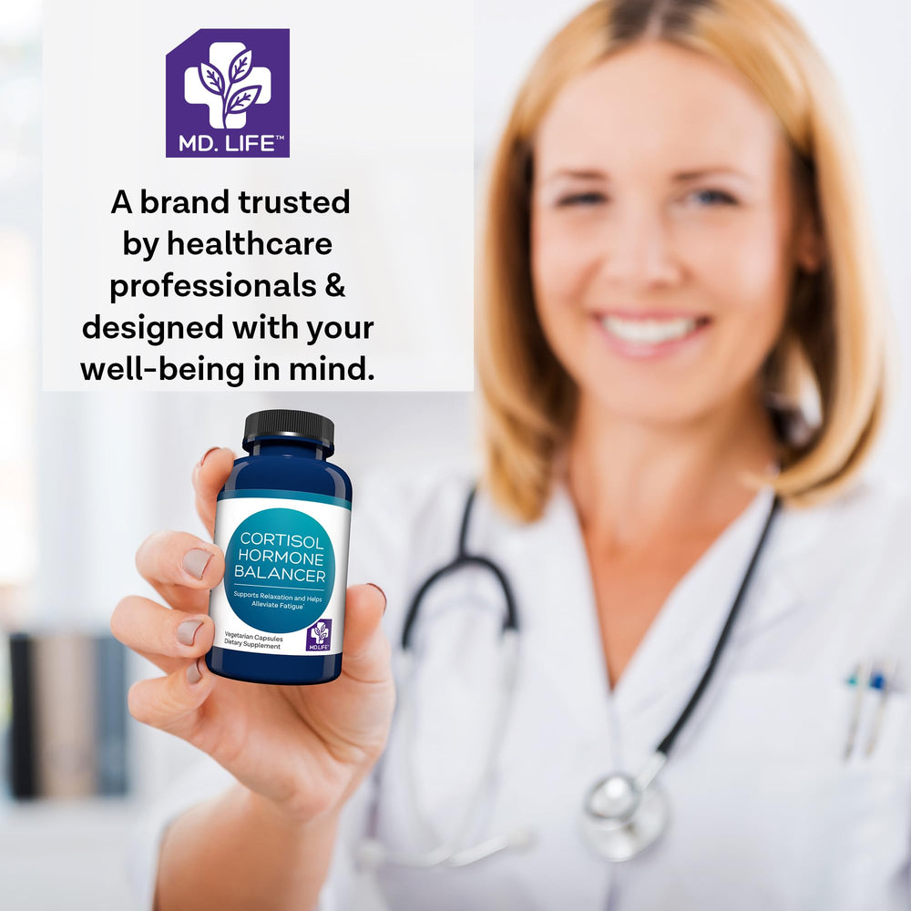 MD Life Cortisol Supplements bottle with capsules in a natural setting