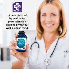 MD Life Cortisol Supplements bottle with capsules in a natural setting