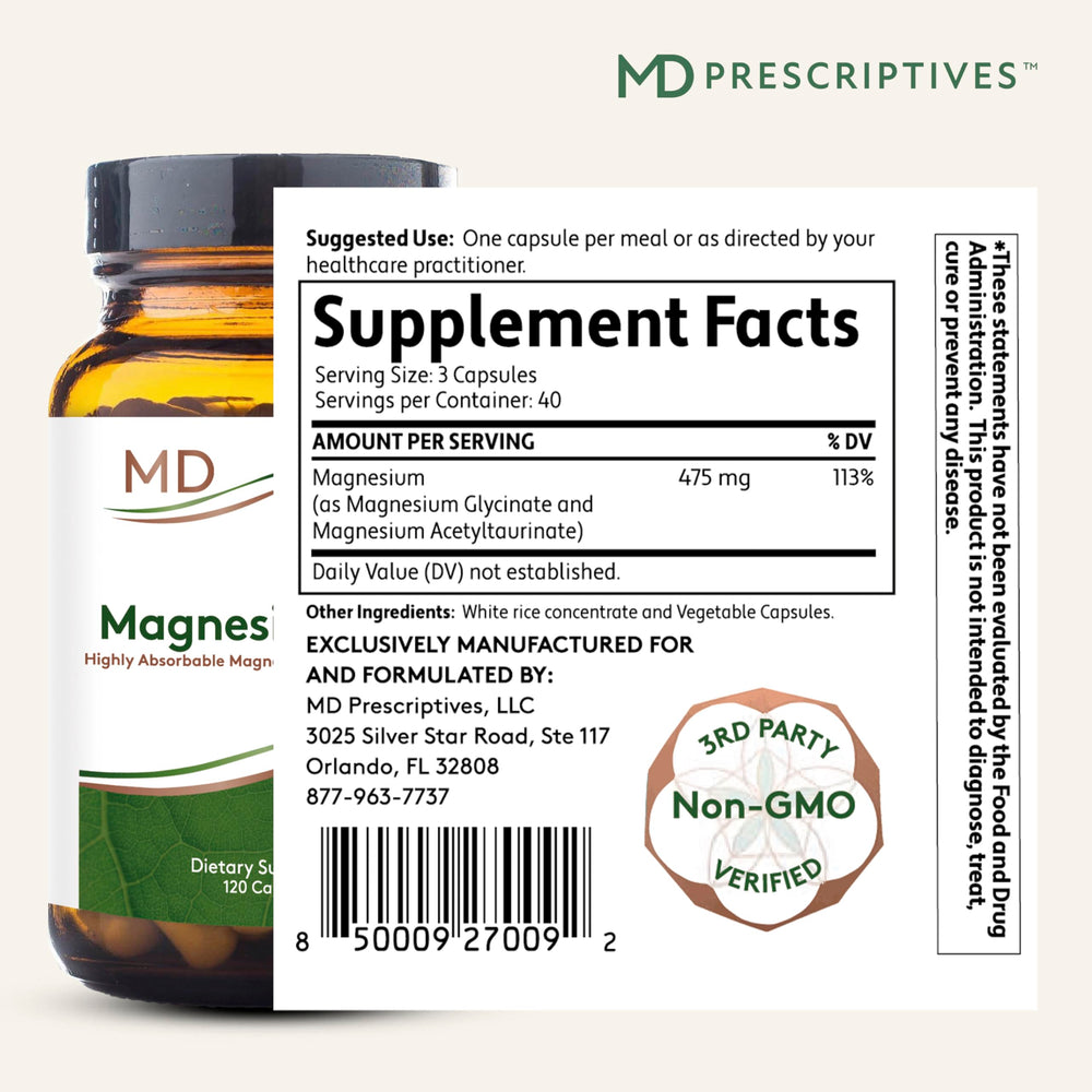 Close-up of Magnesium MD capsules inside the bottle