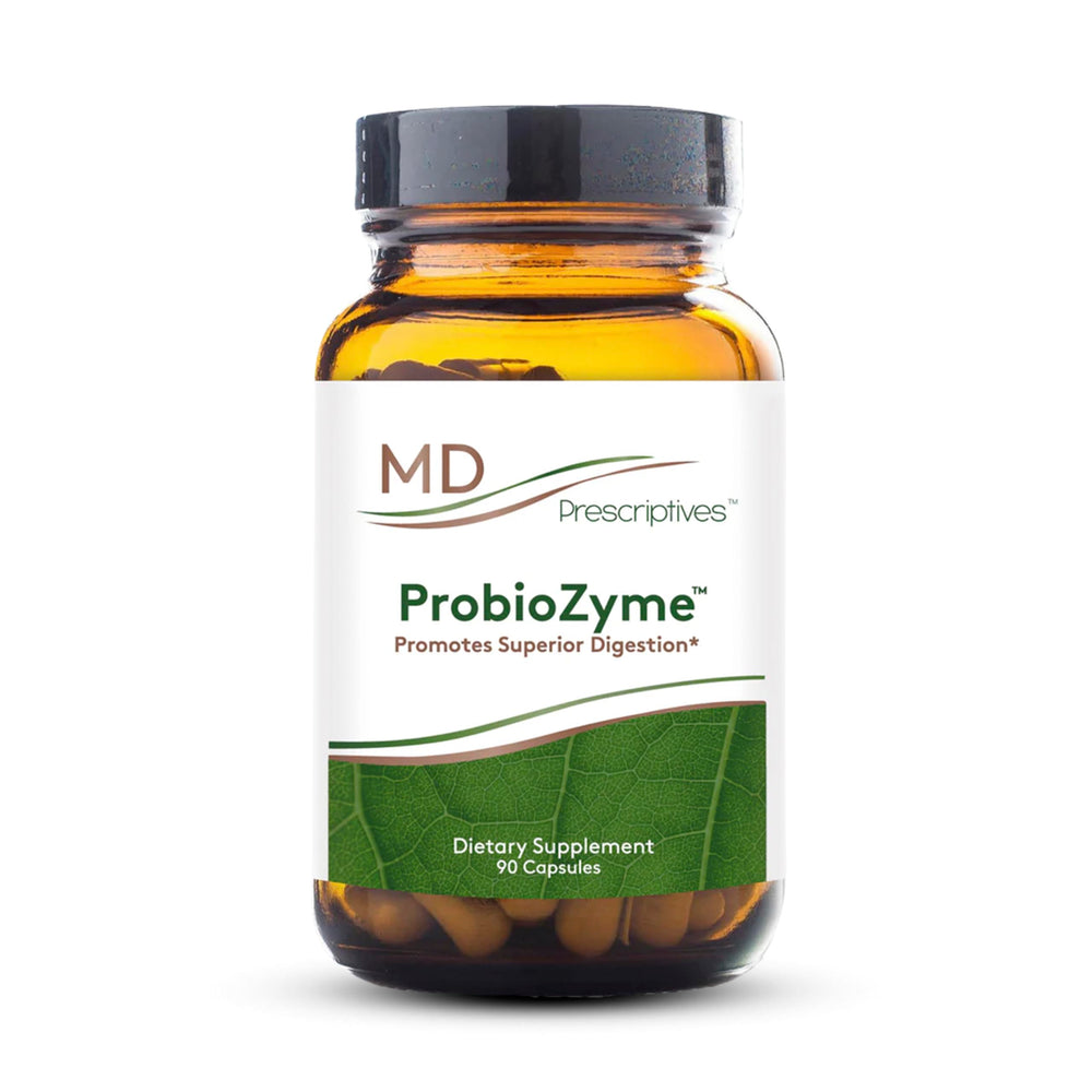 MD Prescriptives ProbioZyme bottle with label showing vegetarian digestive enzymes