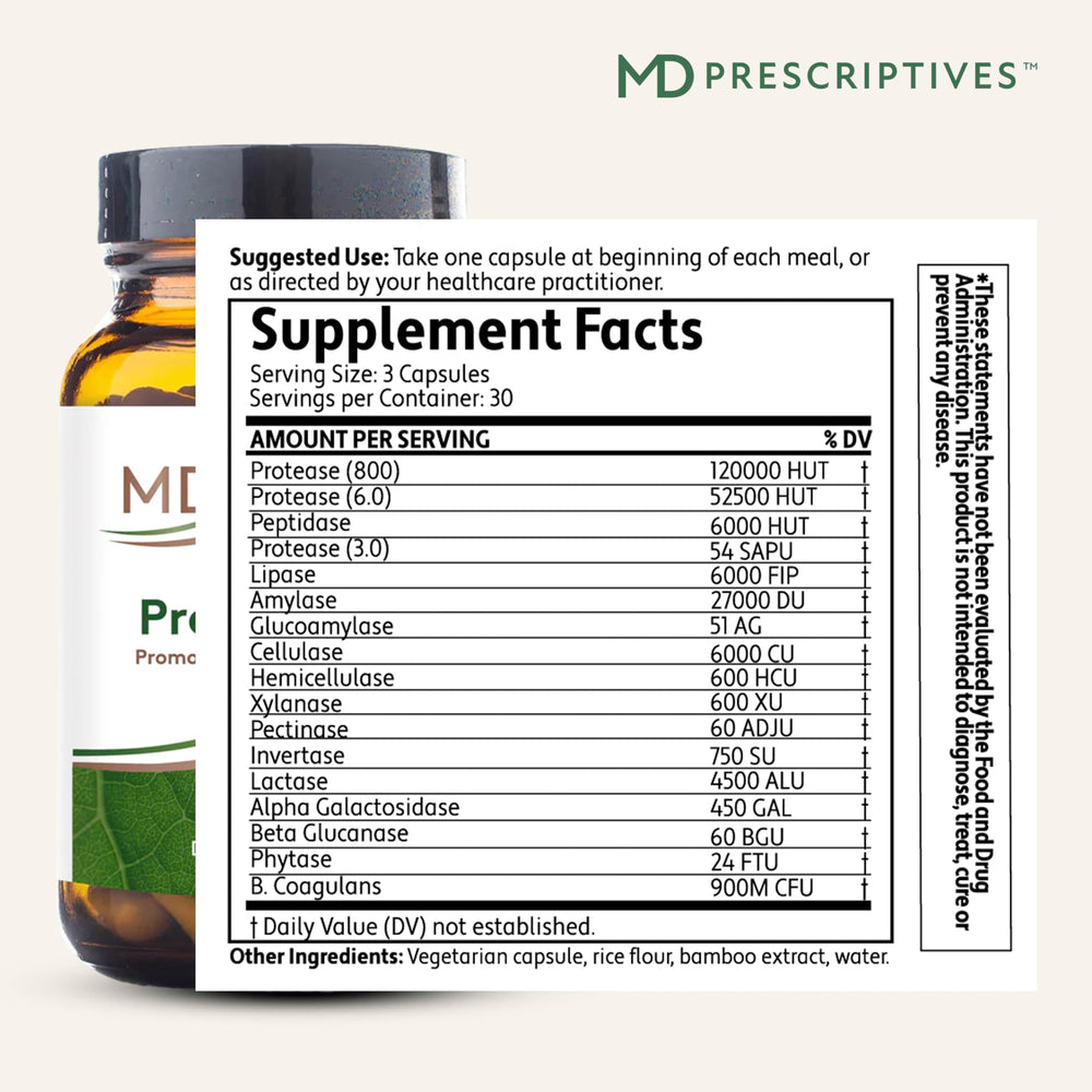 ProbioZyme capsules poured from bottle highlighting vegetarian formula