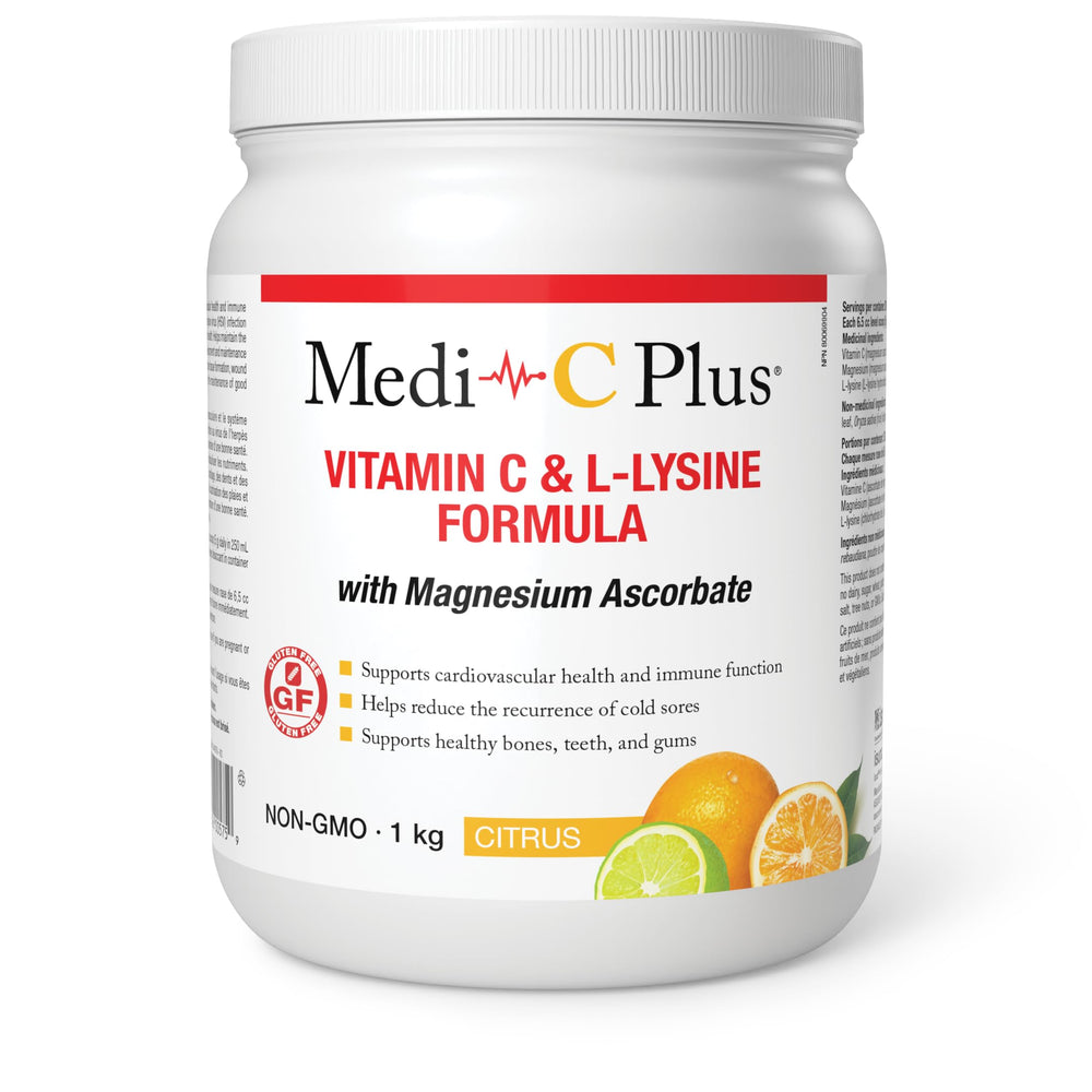 Front view of Medi C Plus Lysine Lemon Lime 1kg tub