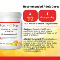 Product label detailing Medi C Plus Lysine Lemon Lime 1kg